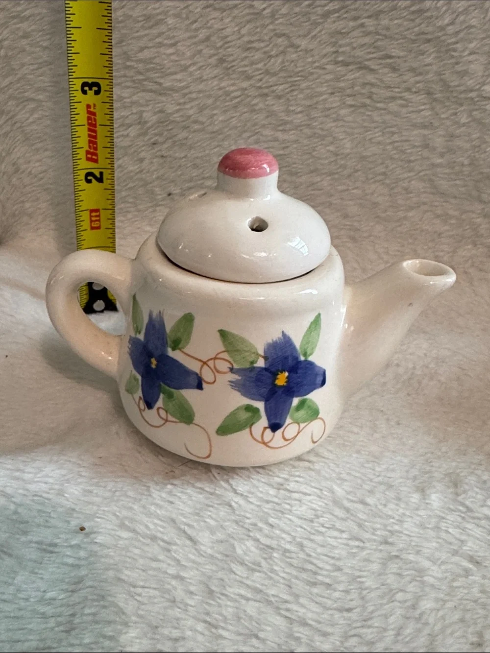 Bauer White Ceramic Mini Teapot Trio with Blue and Purple Floral Accents